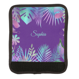 Iridescent Tropical Leaves, Teal Name on Purple Luggage Handle Wrap