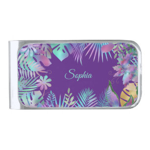 Iridescent Tropical Leaves, Teal Name on Purple Silver Finish Money Clip