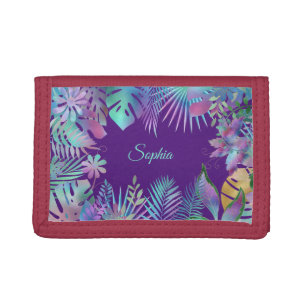 Iridescent Tropical Leaves, Teal Name on Purple Tri-fold Wallet