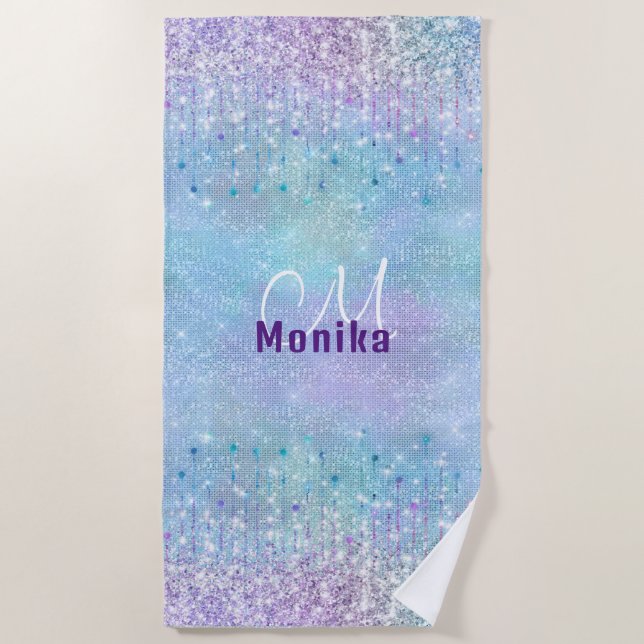 Iridescent Turquoise Silver Faux Glitter Monogram Beach Towel (Front)