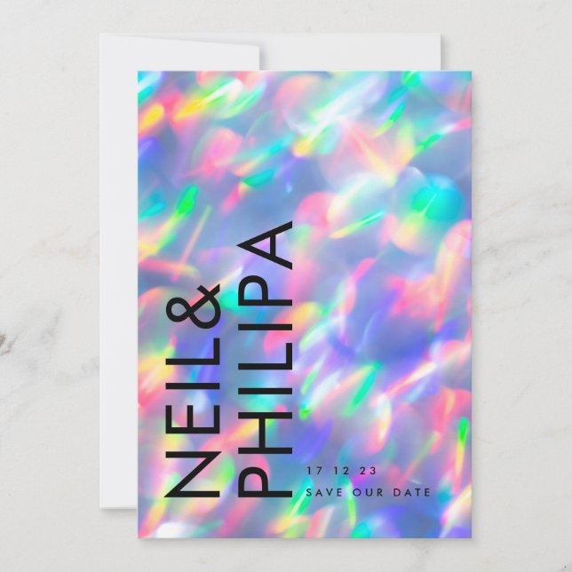 Iridescent Ultra Modern Bold Names non Photo Save The Date (Front)