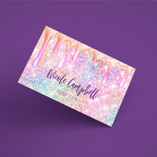 Iridescent unicorn pink faux glitter drip business card magnet