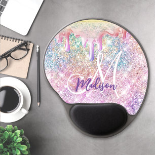 Iridescent unicorn pink faux glitter drip monogram gel mouse pad
