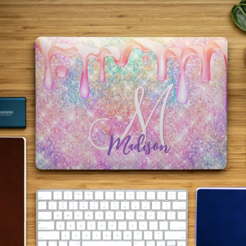 Iridescent unicorn pink faux glitter drip monogram HP laptop skin
