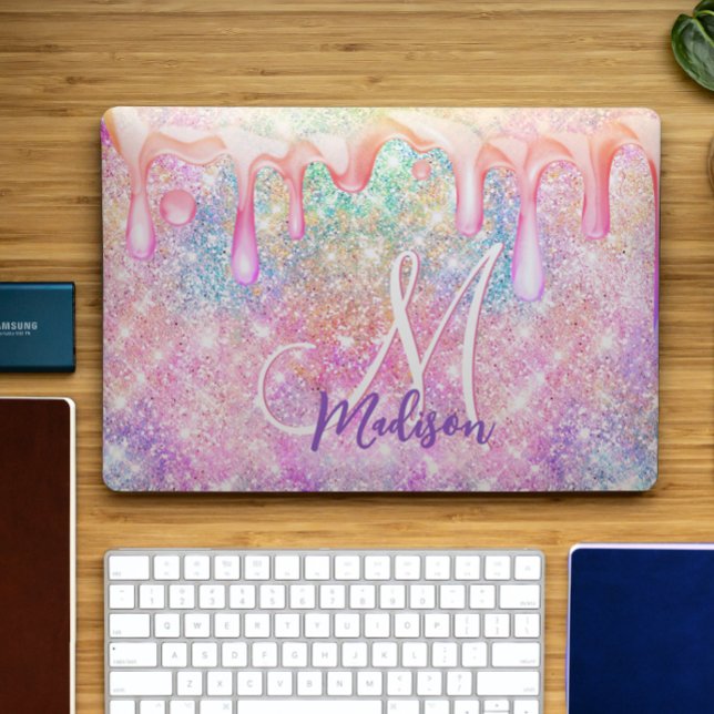 Iridescent unicorn pink faux glitter drip monogram HP laptop skin (Creator Uploaded)