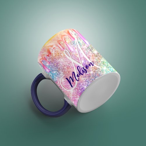 Iridescent unicorn pink faux glitter drip monogram mug
