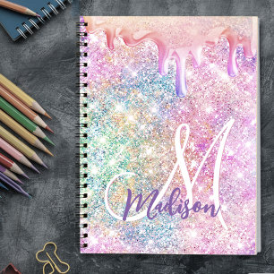 Iridescent unicorn pink faux glitter drip monogram notebook