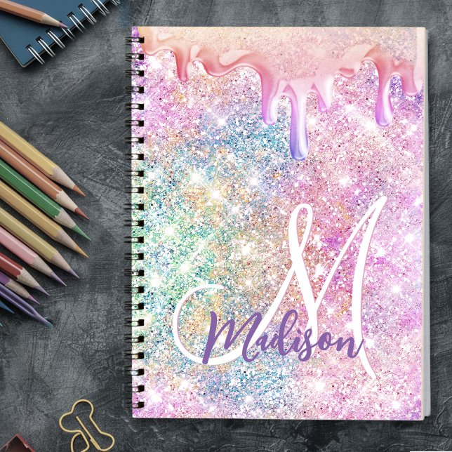 Iridescent unicorn pink faux glitter drip monogram notebook (Creator Uploaded)