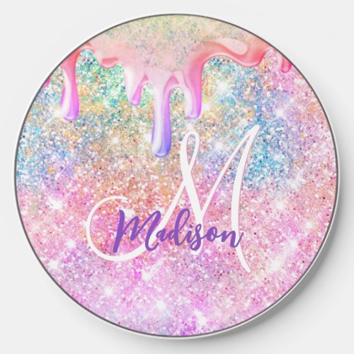 Iridescent unicorn pink faux glitter drip monogram wireless charger 