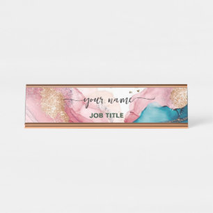 Iridescent Watercolor Blush pink Rose Gold  Desk Name Plate