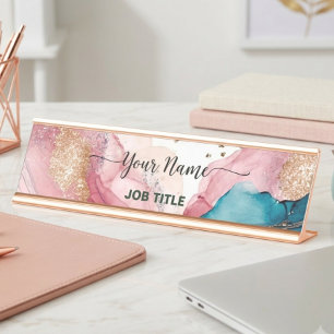 Iridescent Watercolor Blush pink Rose Gold Desk Name Plate