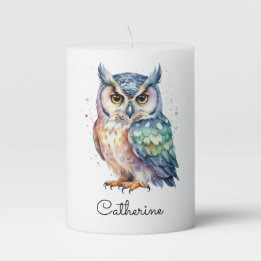 Iridescent Watercolor Owl Personalized Pillar Candle