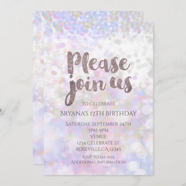 Iridescent White Sparkle Glam Party Invitations (Front/Back)