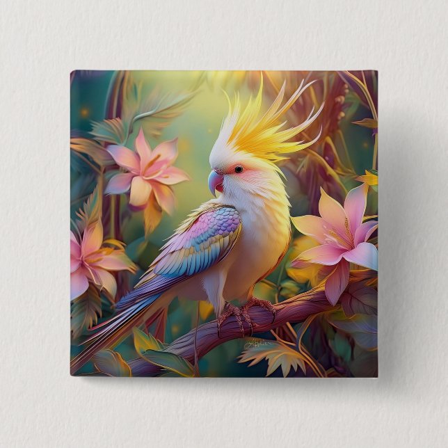 Iridescent Wing Cockatiel Fantasy Bird Button (Front)