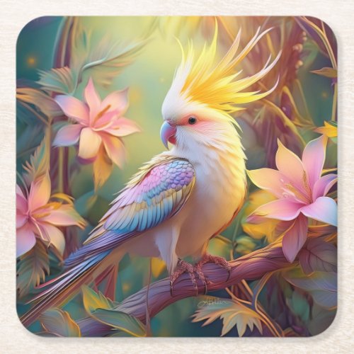 Iridescent Wing Cockatiel Fantasy Bird Square Paper Coaster