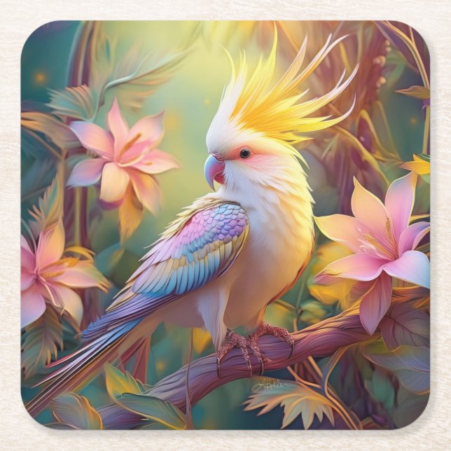 Iridescent Wing Cockatiel Fantasy Bird Square Paper Coaster (Front)