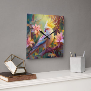 Iridescent Wing Cockatiel Fantasy Bird Square Wall Clock