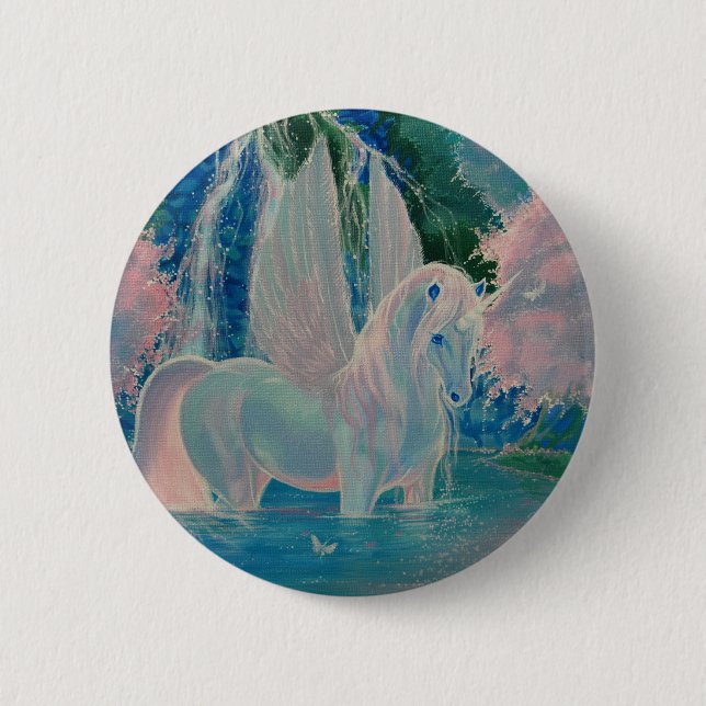 "Iridescent World" Winged Unicorn Badge / Button (Front)