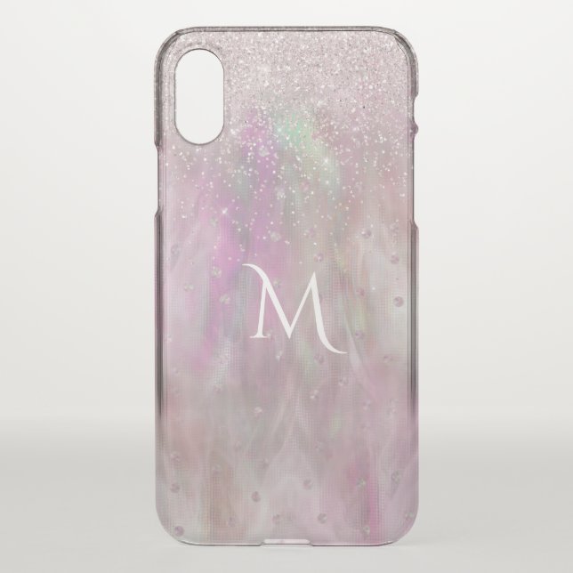 Iridescnet Pink Monogrammed Clear iPhone X Case (Back)