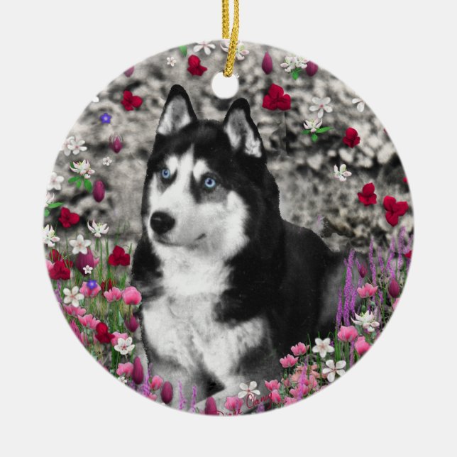 Irie the Siberian Husky in Flowers Ceramic Ornament (Front)