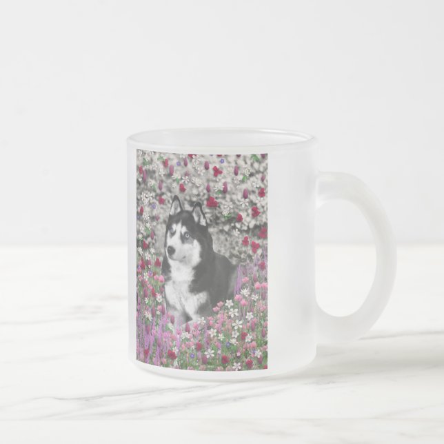 Irie the Siberian Husky in Flowers Frosted Glass Coffee Mug (Right)