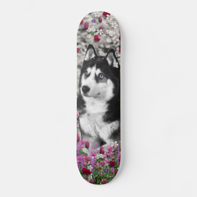 Irie the Siberian Husky in Flowers Skateboard Deck (Front)