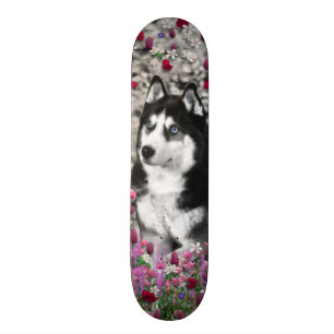 Irie the Siberian Husky in Flowers Skateboard Deck