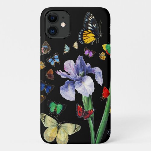 IRIS AMONG COLORFUL BUTTERFLIES Black Floral iPhone 11 Case