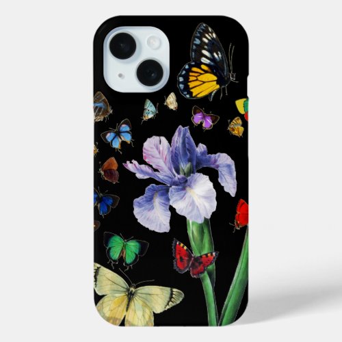 IRIS AMONG COLORFUL BUTTERFLIES Black Floral iPhone 15 Case