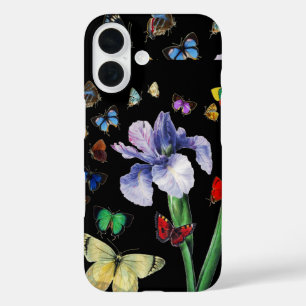IRIS AMONG COLORFUL BUTTERFLIES Black Floral iPhone 16 Case