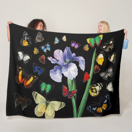 IRIS AMONG COLORFUL BUTTERFLIES Black Floral Fleece Blanket