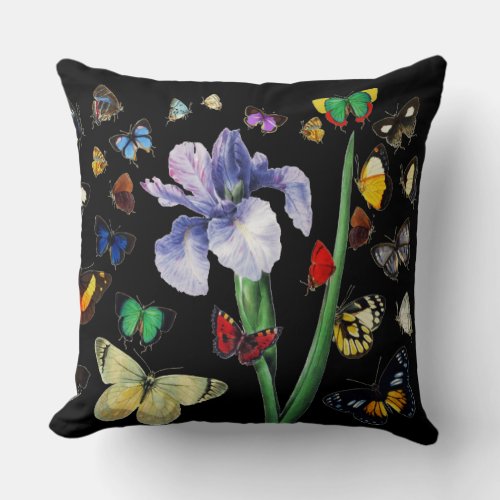 IRIS AMONG COLORFUL BUTTERFLIES Black Floral Throw Pillow
