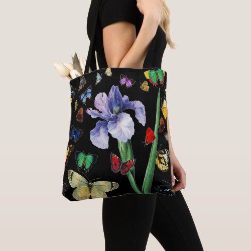 IRIS AMONG COLORFUL BUTTERFLIES Black Floral Tote Bag