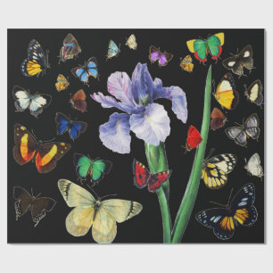 IRIS AMONG COLORFUL BUTTERFLIES Black Floral Wrapping Paper
