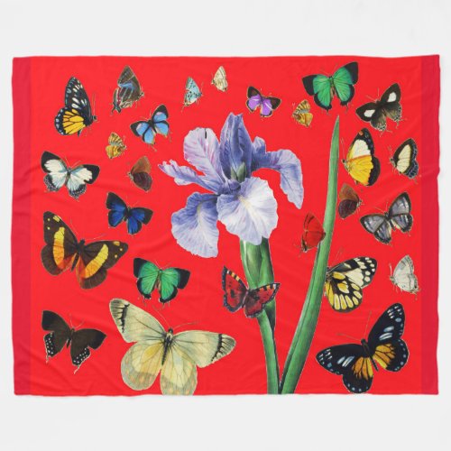 IRIS AMONG COLORFUL BUTTERFLIES Red Floral Fleece Blanket