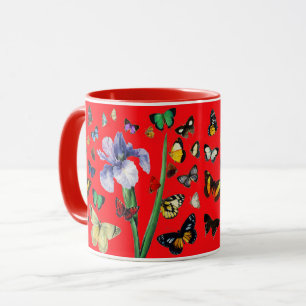 IRIS AMONG COLORFUL BUTTERFLIES Red Floral Mug