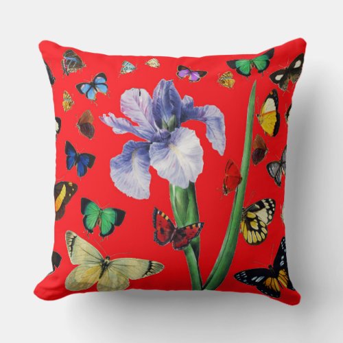IRIS AMONG COLORFUL BUTTERFLIES Red Floral Throw Pillow