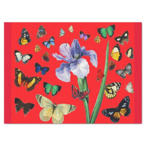 IRIS AMONG COLORFUL BUTTERFLIES Red Floral Tissue Paper