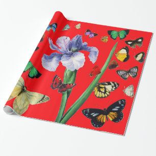 IRIS AMONG COLORFUL BUTTERFLIES Red Floral Wrapping Paper