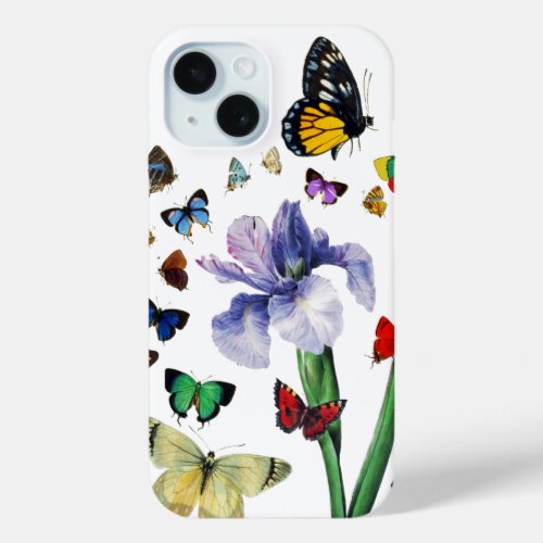 IRIS AMONG COLORFUL BUTTERFLIES White Floral iPhone 15 Case