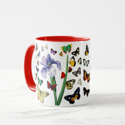 IRIS AMONG COLORFUL BUTTERFLIES White Floral Mug