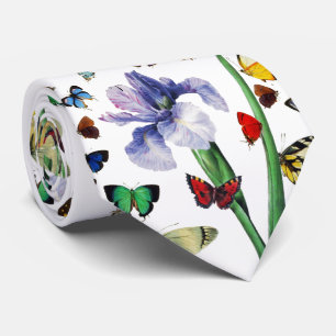 IRIS AMONG COLORFUL BUTTERFLIES White Floral Neck Tie
