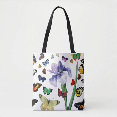 IRIS AMONG COLORFUL BUTTERFLIES White Floral Tote Bag