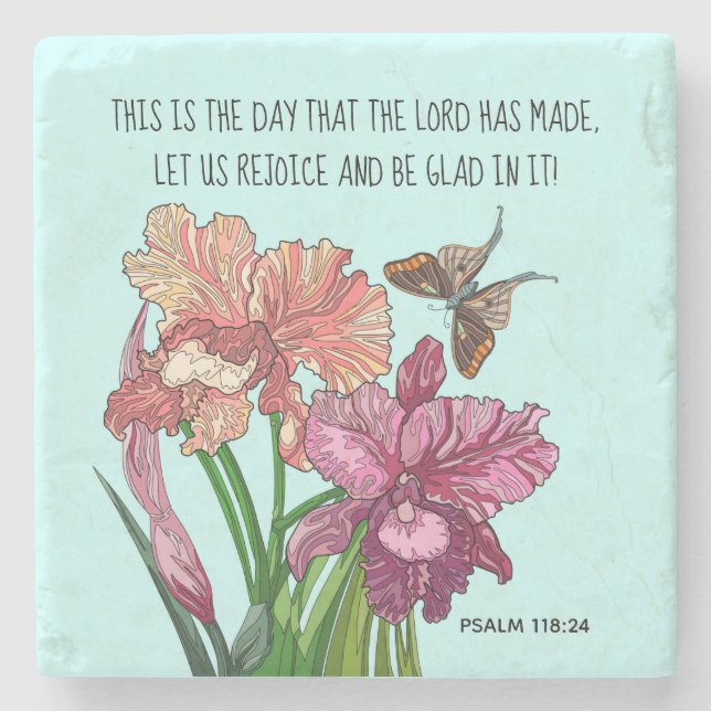Iris and butterfly with verse from Psalm 118:24 Stone Coaster (Front)