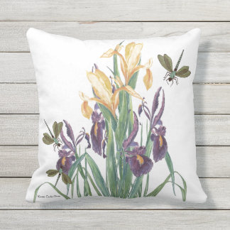 Iris and Dragonflies Outdoor Pillow