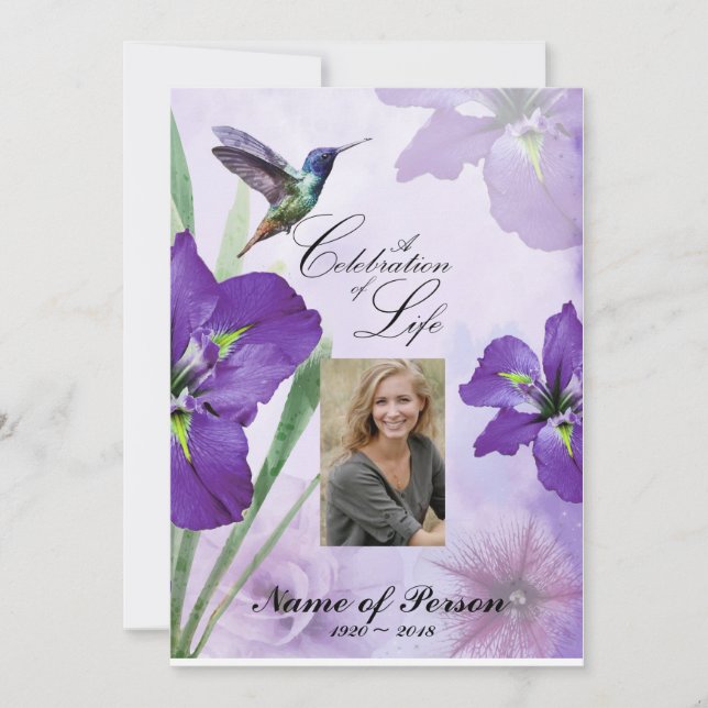 Iris and Hummingbird Celebration of Life Funeral Invitation (Front)