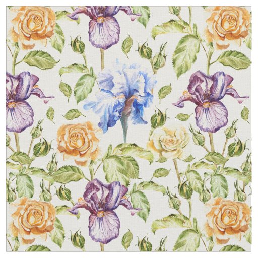 Iris and roses watercolor floral pattern fabric