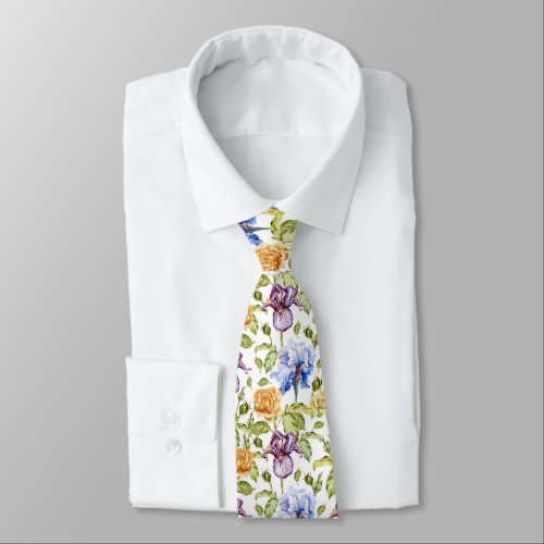 Iris and roses watercolor floral pattern tie