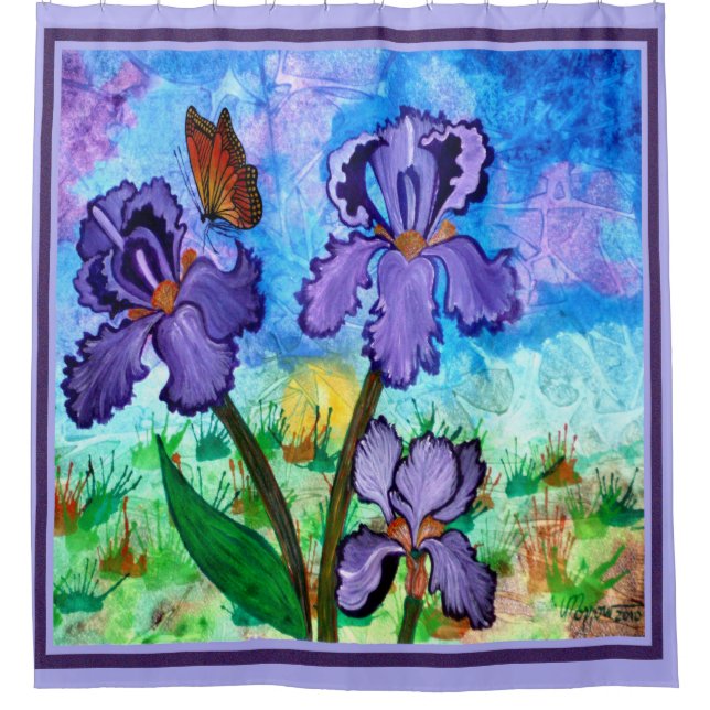 Iris at Sunrise Lavender Trim Shower Curtain (Front)