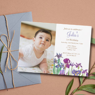 Iris Baby girl 1st birthday photo Invitation